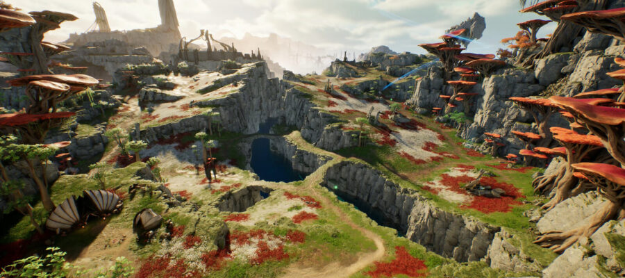 Vue panoramique d'une vallée rocheuse d'Atreia avec arbres-champignons et ruines antiques, illustrant l'exploration du monde d'Aion 2
