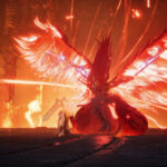 Un Daeva affrontant un boss ailé aux ailes de flammes dans Aion 2, illustrant les changements d'équilibrage de combat
