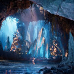 Grotte souterraine d'Aion 2 remplie de cristaux d'Aether lumineux, illustrant les minerais utilisés en artisanat