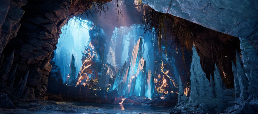 Grotte souterraine d'Aion 2 remplie de cristaux d'Aether lumineux, illustrant les minerais utilisés en artisanat