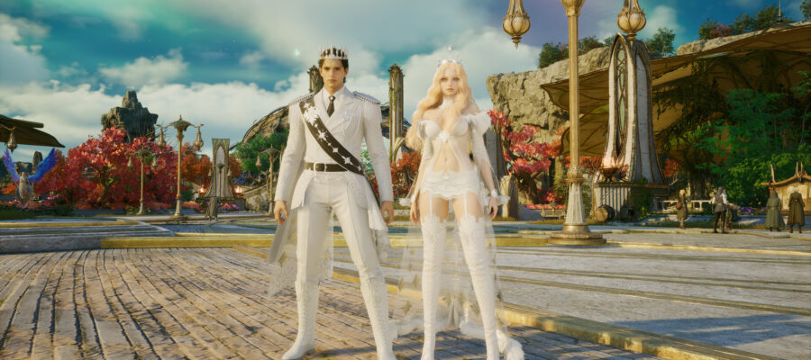 aion 2 : deux daevas en tenue blanche dans une cité