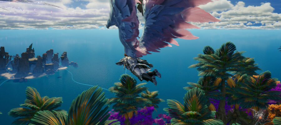 Un Daeva d'Aion 2 en vol au-dessus d'une île tropicale, avec l'icône de la classe Gladiateur