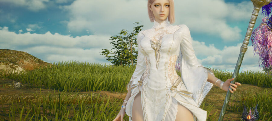 Une Daeva d'Aion 2 en robe blanche tenant un bâton, avec l'icône de la classe Spiritualiste