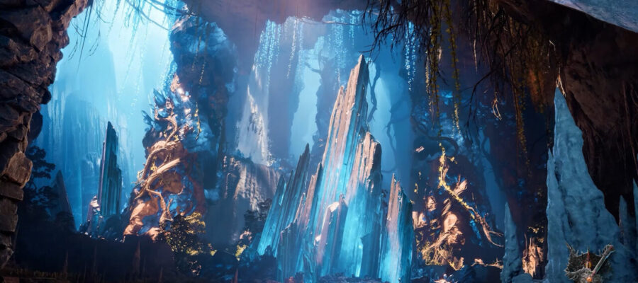 Aion 2 : grotte de cristaux bleus, avec l'icône de la classe Templier
