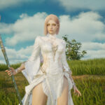 Personnage d'Aion 2 en robe blanche tenant un bâton dans une prairie fleurie, illustrant l'attente avant le lancement mondial