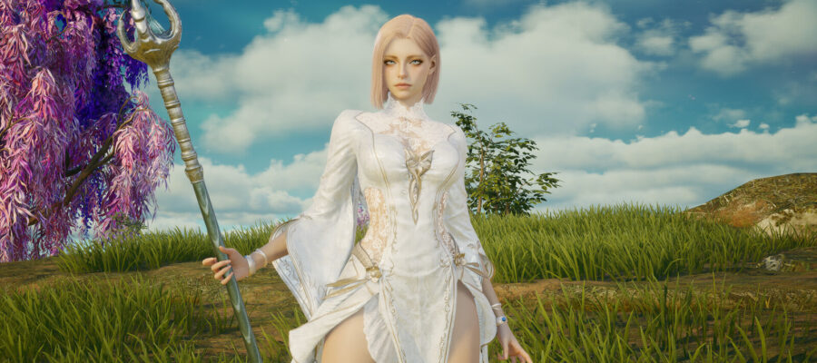 Personnage d'Aion 2 en robe blanche tenant un bâton dans une prairie fleurie, illustrant l'attente avant le lancement mondial