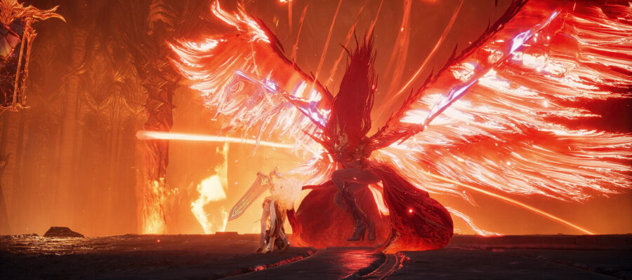Combat contre un boss ailé flamboyant dans un donjon Sanctuary d'Aion 2