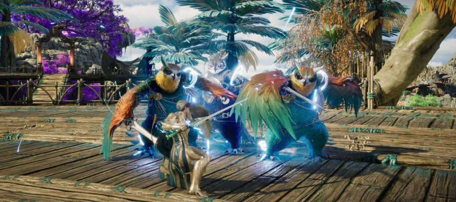 Un groupe de Daevas combattant aux côtés de montures-hiboux dans Aion 2, illustrant la diversité des classes en combat