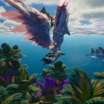 Un Daeva ailé volant au-dessus d'îles et de l'océan d'Atreia dans Aion 2, illustrant le système de vol libre