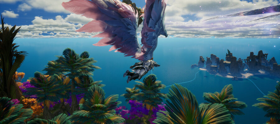 Un Daeva ailé volant au-dessus d'îles et de l'océan d'Atreia dans Aion 2, illustrant le système de vol libre