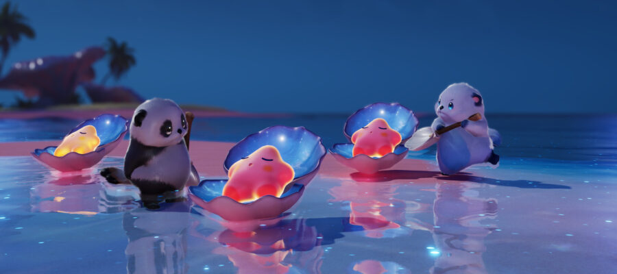 aniimo : aniimo et coquillages lumineux sur une plage de nuit