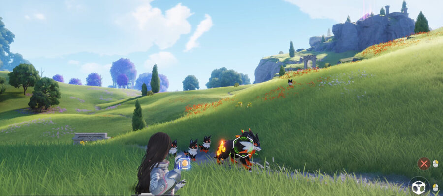 Joueurs et leurs Aniimo explorant une prairie ouverte d'Idyll