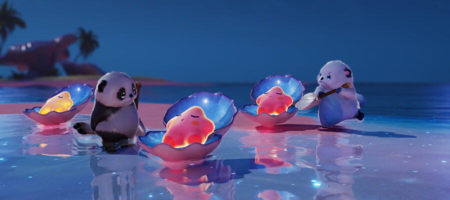 Deux Pathfinders et leurs compagnons rassemblés autour de plusieurs œufs lumineux sur une plage nocturne, illustrant le jeu coopératif