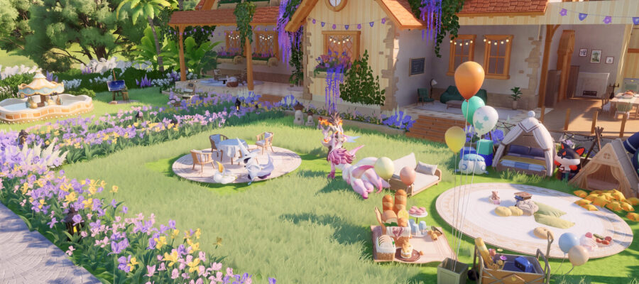 Jardin de Homeland décoré avec pique-nique, ballons et mobilier festif dans Aniimo, illustrant les monnaies de personnalisation du foyer