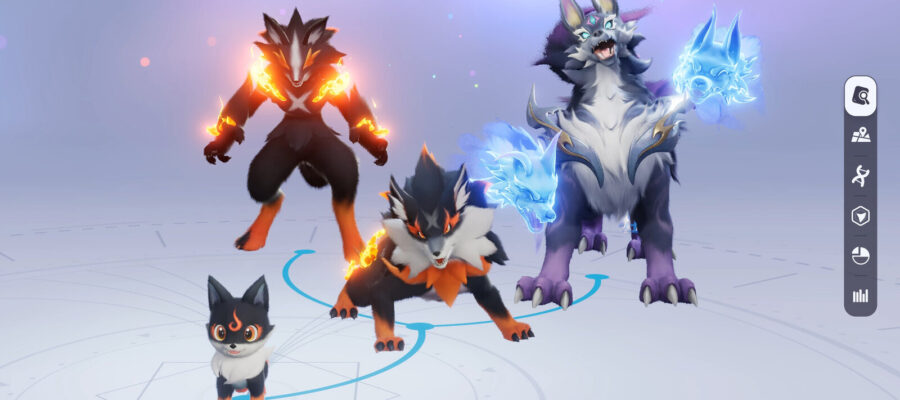 Trois formes d'évolution d'un même Aniimo affichées côte à côte, illustrant les variantes de rareté du jeu