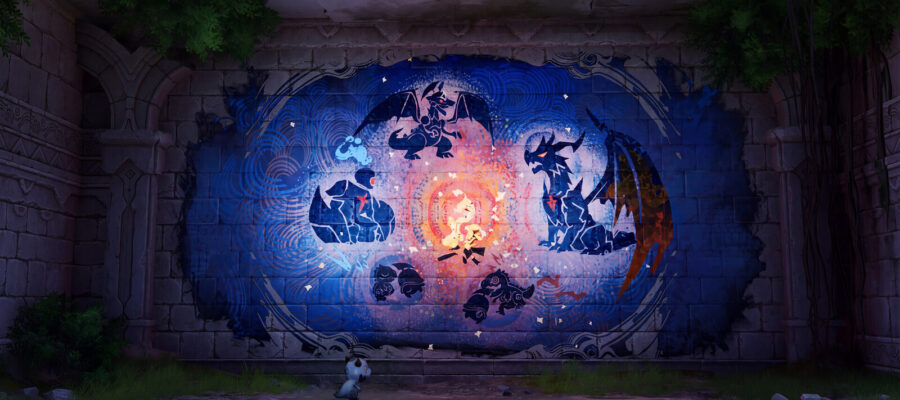 Fresque murale dans Aniimo illustrant plusieurs créatures reliées entre elles autour d'une lumière centrale, symbolisant une lignée