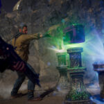 Black Ops 7 Zombies : un opérateur active une machine à GobbleGum devant des piédestaux lumineux