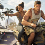 Jason et Lucia armés devant un coffre-fort ouvert avec des billets s'envolant, illustrant le système de braquage dynamique de GTA 6