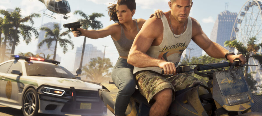 Jason et Lucia armés devant un coffre-fort ouvert avec des billets s'envolant, illustrant le système de braquage dynamique de GTA 6