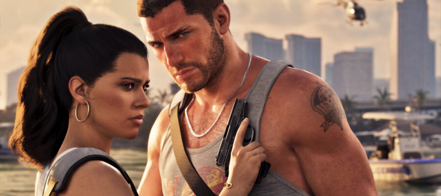 GTA 6 : Jason et Lucia devant la skyline de Vice City