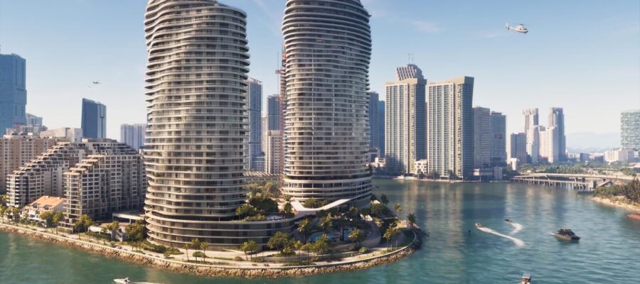 Deux tours résidentielles ondulées de Vice City surplombant la baie, avec bateaux et hélicoptère, illustrant le lancement de GTA 6