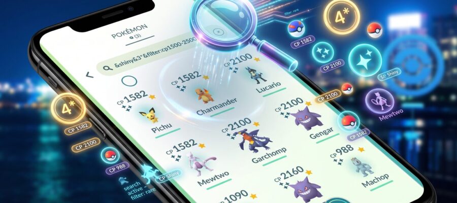 Illustration d'un smartphone affichant la recherche filtrée dans la boîte Pokémon de Pokémon GO, avec loupe et résultats triés par CP