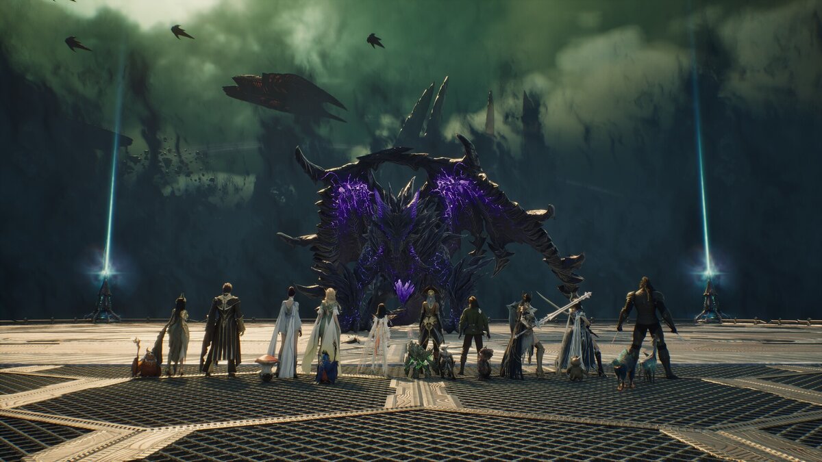 Un groupe de Daevas fait face à un boss géant sur une plateforme d'Aion 2, capture officielle de NCSOFT