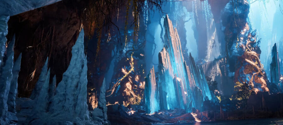 Grotte de cristaux bleus et de minerais luisants dans Aion 2, lieu typique de récolte