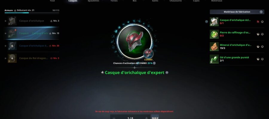 Recette du Casque d'orichalque d'expert dans Aion 2, avec 25 % de chances de COMBO et ses matériaux