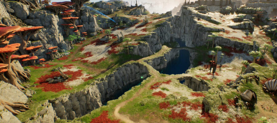Paysage d'Atreia dans Aion 2, avec ses champignons géants et ses falaises