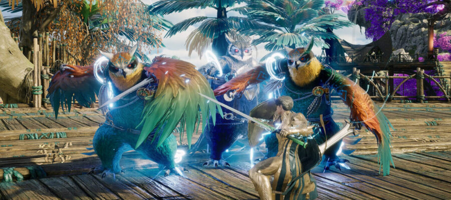 Un groupe de Daevas d'Aion 2 en plein combat sur un ponton