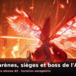 Un Daeva aux ailes de feu combat dans un décor rougeoyant, capture officielle d'Aion 2 avec le titre du guide JcJ