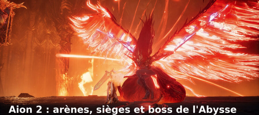 Un Daeva aux ailes de feu combat dans un décor rougeoyant, capture officielle d'Aion 2 avec le titre du guide JcJ