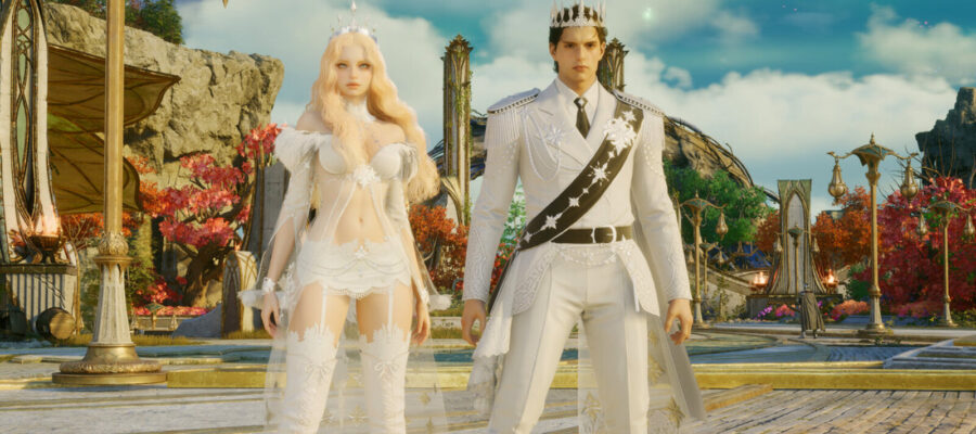 Un couple de Daevas d'Aion 2 en tenue blanche sur une place de la capitale élyséenne