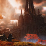 Aion 2 : un Daeva face à une citadelle sous un ciel orangé