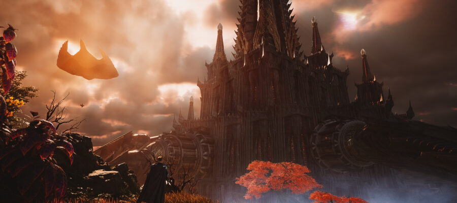 Aion 2 : un Daeva face à une citadelle sous un ciel orangé