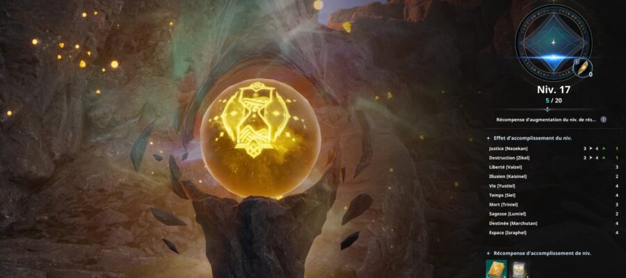 Écran du Monolithe de Verteron dans Aion 2 : niveau de résonance 17, 5 plumes sur 20 pour le palier suivant et bonus des dix statistiques divines