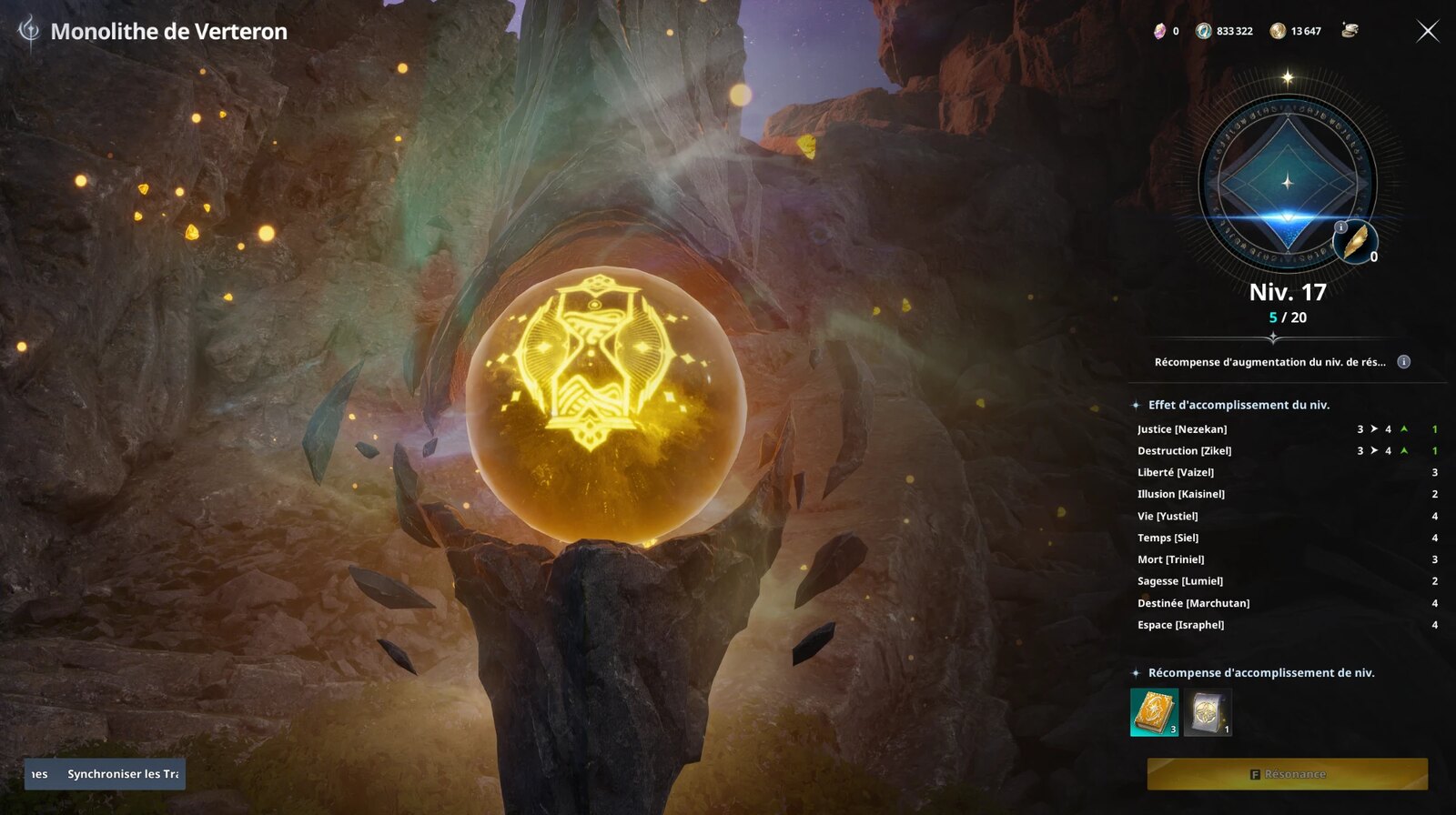 Écran du Monolithe de Verteron dans Aion 2 : niveau de résonance 17, 5 plumes sur 20 pour le palier suivant et bonus des dix statistiques divines