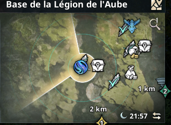 Minicarte d'Aion 2 près de la Base de la Légion de l'Aube, avec les icônes de plume bleue des Traces empyréennes