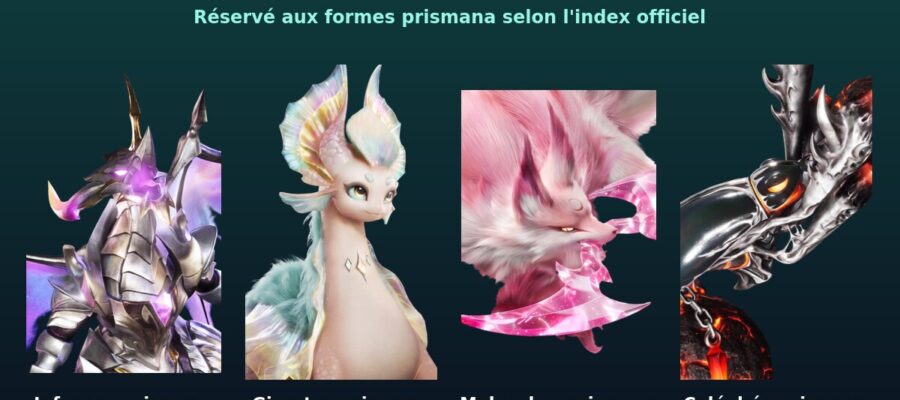 Infergon, Givrotus, Molosabre et Coléobée en forme prismana avec leurs capacités de logis au niveau 4, visuels officiels d'Aniimo