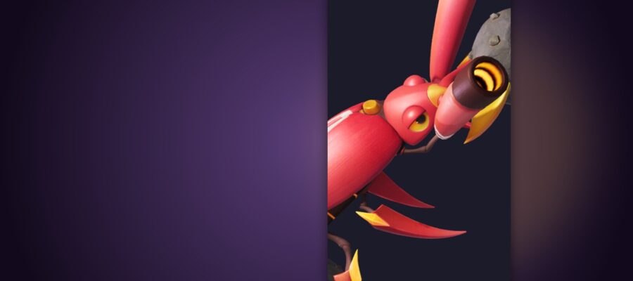 Illustration officielle de Coléobée, insecte rouge à pince de roche, sur fond violet (forme de base)