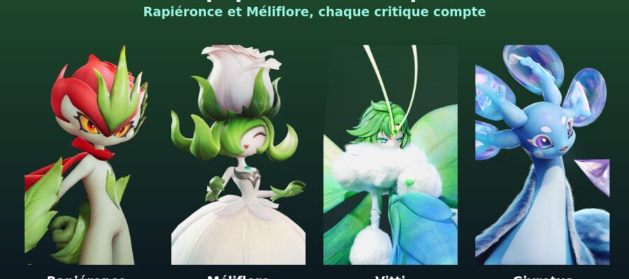Rapiéronce, Méliflore, Vitti et Givrotus, les quatre membres de l'équipe Plante critique d'Aniimo, visuels officiels