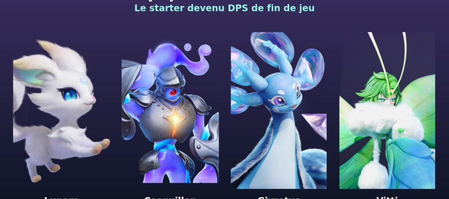 Lunara, Casquillon, Givrotus et Vitti, les quatre membres de l'équipe Sacré d'Aniimo, visuels officiels