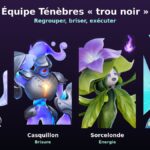 Casquipreux, Casquillon, Sorcelonde et Voletti, les quatre membres de l'équipe Ténèbres trou noir d'Aniimo, visuels officiels