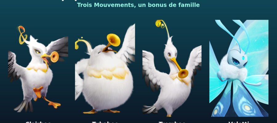 Clairbec, Tubabec, Trombec et Voletti, les quatre membres de l'équipe Vent d'Aniimo, visuels officiels