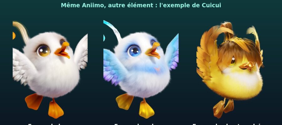 Cuicui en forme de base (Vent), forme des plages (Vent/Eau) et forme des hautes-plaines (Vent/Plante), visuels officiels d'Aniimo