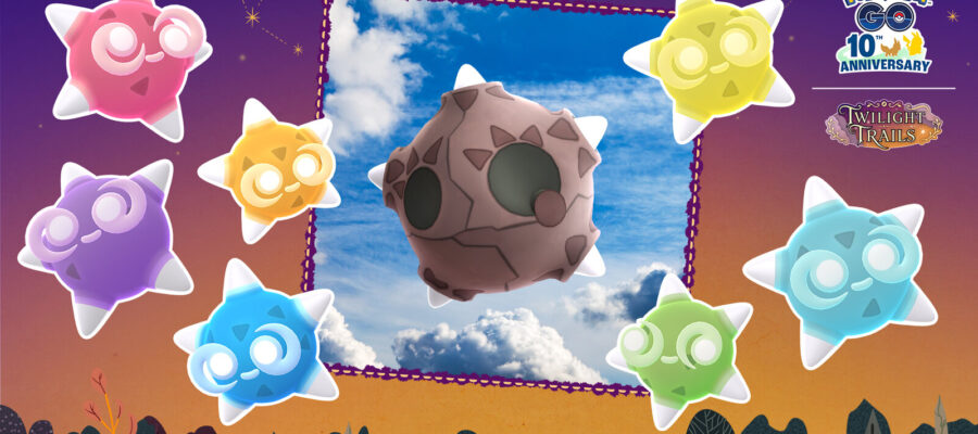 Visuel officiel des Pluies de Météno dans Pokémon GO, avec Météno tombant du ciel étoilé
