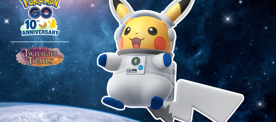 Pikachu astronaute flottant dans l'espace au-dessus de la Terre, visuel officiel de la World Space Week de Pokémon GO